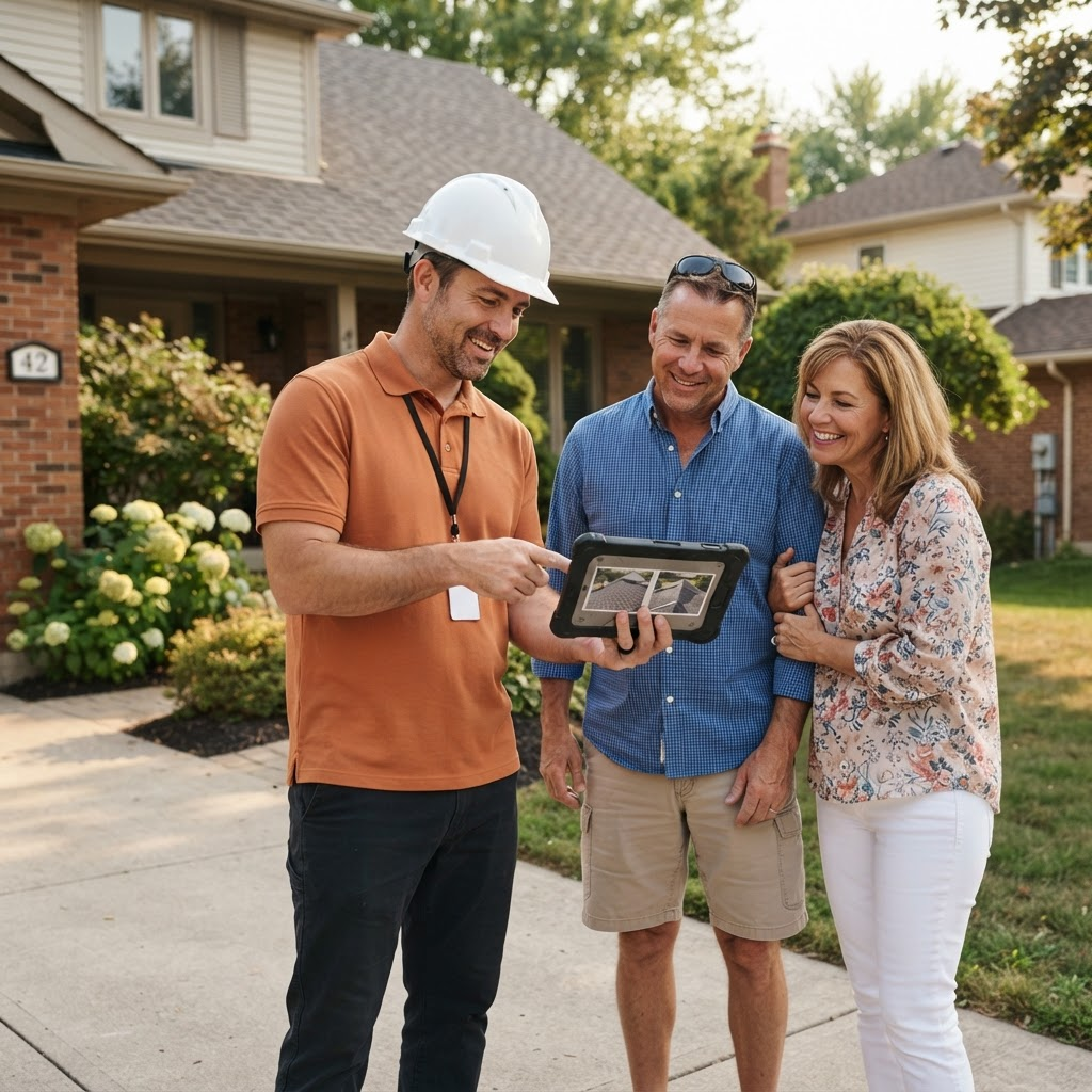 Project manager reviewing roof inspection photos on a tablet with two homeowners in their driveway