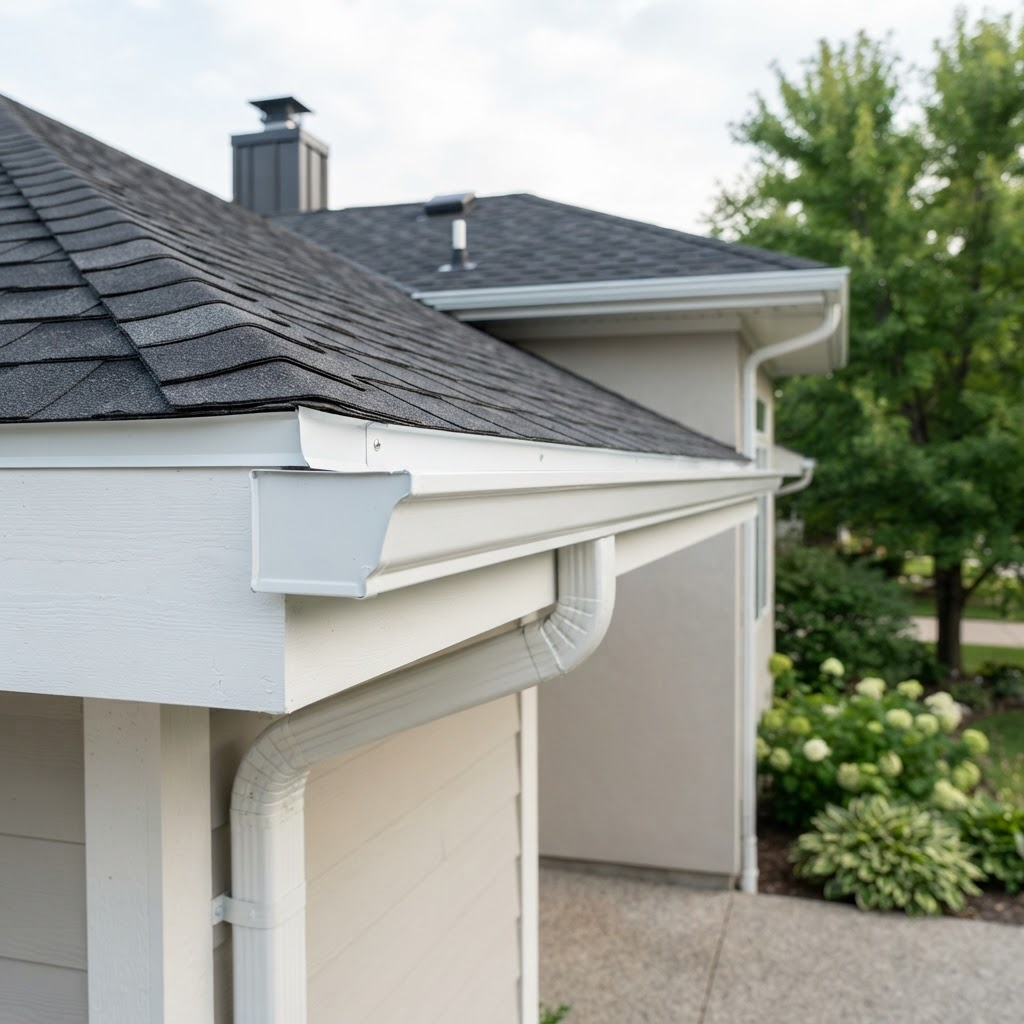 Newly installed seamless aluminum gutter along a residential roofline