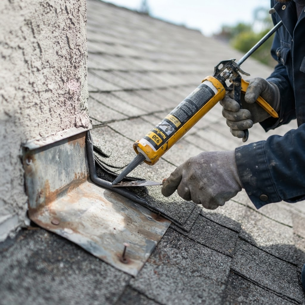 Roofer sealing flashing on an asphalt shingle roof during a repair