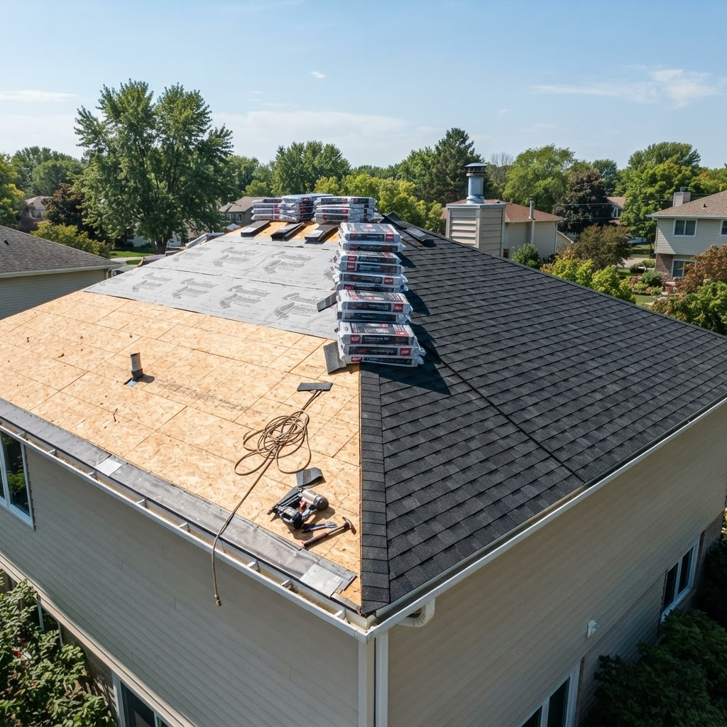 Crew installing new architectural shingles on a residential roof replacement