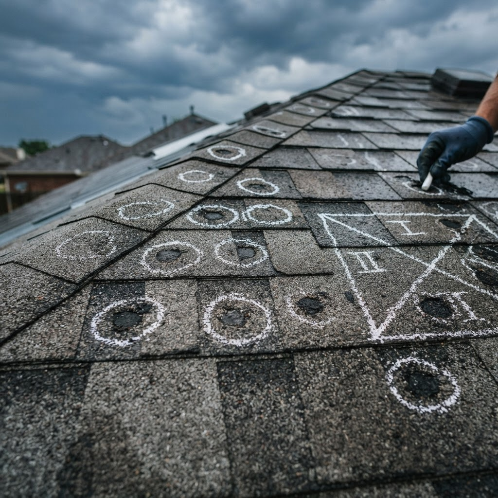 Wind and hail damaged shingle roof with chalk-marked impact points from an inspection
